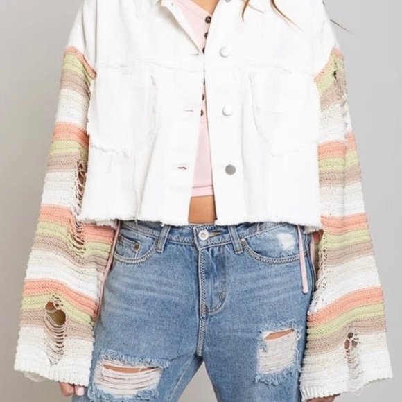 NTW Cropped, white denim, distressed jacket with crochet sleeves size M - Picture 3 of 4
